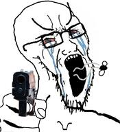 bloodshot_eyes bug crying distorted firearm fly glasses gun hand holding_gun holding_object holding_pistol open_mouth pistol pointing soyjak stretched_mouth stubble variant:soyak weapon // 909x1000 // 409.9KB