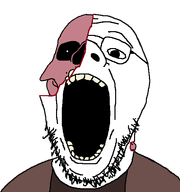 blood clothes glasses injury literal_who open_mouth red_jacket red_shirt skeleton skull soyjak stubble transparent_background variant:isaac yellow_teeth // 533x567 // 16.5KB