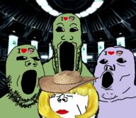 alien closed_eyes clothes crying drawn_background elliot_rodger female frown green_skin hair hat i_love incel lipstick soyjak stubble tattoo trend:soyjak_trio variant:gapejak variant:impish_soyak_ears variant:markiplier_soyjak variant:tony_soprano_soyjak yellow_hair // 941x815 // 528.8KB