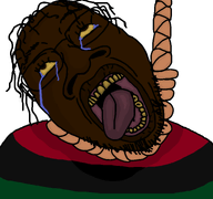 aliased big_lips big_nose brown_eyes brown_skin crying flag:pan-african glasses hair hanged hanging nigger rope rotten_teeth shitskin stubble tongue variant:bernd yellow_sclera yellow_teeth // 768x719 // 42.1KB