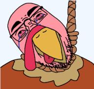 artist:keys beak beard bird crying eyebrows glasses hanging noose pink_skin series:chudtwt soyjak tongue turkey_(animal) variant:bernd xitter // 771x723 // 44.6KB