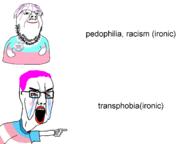 2soyjaks angry arm badge bloodshot_eyes closed_mouth clothes crying flag flag:transgender_pride_flag glasses hair hand happy lipstick makeup mustache no_legs open_mouth pedophile pedophilia pink_hair place_japan pointing purple_hair racism smile soyjak stubble text tranny transphobia tshirt variant:chudjak variant:gapejak // 1442x1080 // 237.6KB