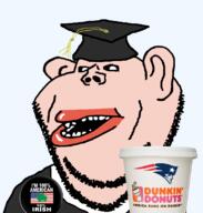 amerimutt badge black_sclera clothes clover dunkin_donuts ear flag:united_states graduate_cap hat lips massachusetts mutt patriots soyjak stubble subvariant:impish_amerimutt suit text variant:impish_soyak_ears white_skin // 777x816 // 210.2KB