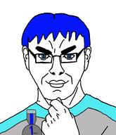 soy2 award badge blue_eyes blue_hair closed_mouth ear fist glasses grey_shirt hair nick_kiggers smile soy2 soyteen steve_jobs subvariant:steve_chuds thick_eyebrows thinking uniform variant:chudjak // 1716x2000 // 181.6KB