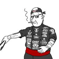 arm chef cigarette closed_mouth clothes cooking ear glasses hat smoking smug soyjak stubble tattoo text variant:smugjak // 1000x1000 // 105.3KB