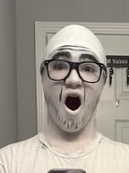 clothes cosplay glasses halloween internet_is_leaking irl open_mouth soyjak stubble variant:feraljak variant:gapejak // 762x1016 // 175.2KB