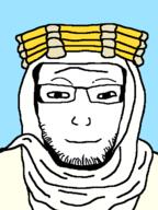 agal blue_background glasses keffiyeh lawrence_of_arabia smile smirk soyjak stubble subvariant:lawrence variant:markiplier_soyjak // 481x643 // 17.3KB