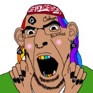 6ix9ine bandana blacked blush brown_skin colorful_hair ear earring facial_mark forehead_mark glasses hand nose_piercing nose_ring open_mouth painted_nails queen_of_spades rapper soyjak stubble subvariant:slutson tattoo text variant:cobson // 850x850 // 2.8MB