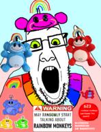 arm badge cartoon_network clothes codename_kids_next_door double_chin glasses green_eyes hand hands_up hat monkey open_mouth people's_populist_press plush rainbow soyjak stubble teeth variant:ppp // 1000x1299 // 601.1KB