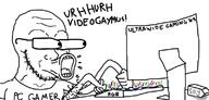 arm clothes computer eyes_popping gamer glasses hairy hand open_mouth rgb soy soyjak stubble text tshirt ultrawide variant:soyak video_game // 800x383 // 168.1KB