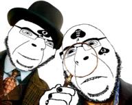 2soyjaks bbc biting_lip clothes detective dr_watson glasses hand hat holding_object holmes_and_watson magnifier movie queen_of_spades sherlock_holmes smile soyjak stubble subvariant:hornyson tattoo variant:cobson // 818x648 // 469.1KB