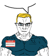 a10_eyes blond blue_shirt glasses name_tag self_insert soyboorunamegod_(user) speech_bubble subvariant:muscular_chud variant:chudjak white_background white_skin // 753x870 // 221.0KB