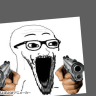 animated firearm glasses gun hand open_mouth pointing pointing_at_viewer poyopoyo poyunpoyun soyjak stubble subvariant:wewjak variant:soyak weapon // 300x277 // 1.0MB