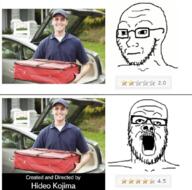 clothes delivery glasses kojima mustache neutral open_mouth pizza place_japan soyjak stubble variant:a24_slowburn_soyjak variant:soyak video_game // 750x741 // 674.1KB