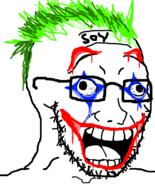 clown glasses green_hair hair joker_(2019) joker_(dc) open_mouth scared soyjak stubble variant:soyak // 644x800 // 128.0KB