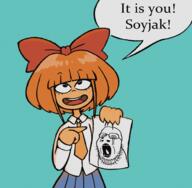 arm blue_background bowtie clothes crying drawing glasses hand holding_object mymy_(ongezellig) necktie ongezellig open_mouth orange_hair orange_skin paper pointing skirt soyjak speech_bubble stubble text variant:unknown // 972x952 // 1.1MB