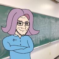 arm blackboard blue_shirt brimmiest_comments_section☣️☣️☣️_do_not_enter☣️☣️☣️ cartoon chalkboard closed_mouth clothes crossed_arms female gemeraldiest_comments_section💎💎💎enter_as_you_please💎💎💎 glasses hair irl_background ongezellig purple_eyebrows purple_hair smile smug soyjak stubble teacher variant:soyak vera_(ongezellig) white_skin // 826x829 // 460.7KB