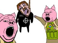 animal anti_christian anti_white arm azov_battalion bloodshot_eyes brown_eyes brown_hair celtic_cross cross crying deformed ear eyelids full_body glasses hand hanging leg lgbt open_mouth pig pink_skin pointing rope snout soldier soyjak star_of_david stubble subvariant:brunetto subvariant:massjak subvariant:wholesome_soyjak suicide text tongue ukraine variant:bernd variant:gapejak variant:two_pointing_soyjaks vest white_nationalism yellow_teeth // 1800x1330 // 290.9KB