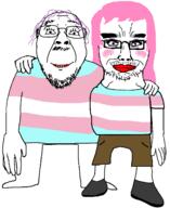 2soyjaks arm chud_troon_alliance closed_mouth clothes friendship full_body glasses leg makeup mustache purple_hair smile stubble subvariant:chudjak_front tranny variant:bernd variant:chudjak // 1313x1606 // 203.4KB