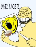 2soyjaks asian full_body glasses half_open_mouth holding_object knife rice sign stubble teeth variant:impish_soyak_ears variant:soykio_kid yellow_skin // 989x1293 // 351.6KB