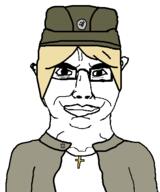 arm christianity closed_mouth clothes communism cross ear glasses hair hammer hammer_and_sickle hat judaism marichka nazism necklace pointing russo_ukrainian_war sickle smile smug soyjak star_of_david tranny ukraine variant:chudjak yellow_hair // 411x493 // 8.9KB