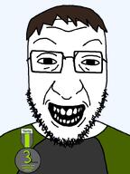 award badge brapjak_farty brown_hair clothes glasses green_shirt hugh hugh_janus smile soyjak soyteen stubble teeth variant:crimjak white_skin // 600x800 // 47.9KB