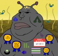 alien antenna award black_sclera blood closed_mouth double_chin facial_mark fat forehead_mark galactic_standard_alphabet gynaecomastia hello_my_name_is_(sticker) irl_background looking_to_the_left multiple_awards mutt no_pupils nosebleed obese spade stink_lines stinky variant:meximutt // 888x849 // 244.8KB