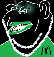 amerimutt black_skin ear green_eyes green_shirt mcdonalds open_mouth punchable_face soyjak stubble subvariant:impish_amerimutt thougher variant:impish_soyak_ears white_stubble // 600x628 // 59.9KB