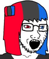 blue_hair clothes glasses heterochromia open_mouth red_hair soyjak soysuba stubble variant:soyak // 645x770 // 31.0KB