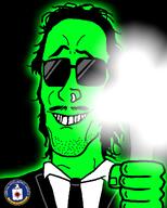 black_shirt clothes collar collared_shirt device glasses glowing glownigger green_skin grin hair hand holding_object lens_flare long_hair mind_control mullet mustache nose_piercing nose_ring raised_eyebrow smile suit sunglasses trend:glowie variant:mulletjak // 900x1120 // 179.7KB