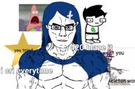 2010s arm blue_eyes blue_hair buff closed_mouth clothes english_text female glasses hair homestuck john_egbert long_hair meme oldfag patrick_star skeleton soyjak star_(symbol) subvariant:chudjak_front subvariant:muscular_chud text tshirt tumblr variant:chudjak vein // 1507x986 // 403.2KB