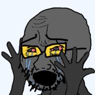 arm bloodshot_eyes crying glasses grey_skin hand hands_up open_mouth soot soot_colors soyjak soyjak_party stubble variant:cryboy_soyjak // 1063x1063 // 141.7KB