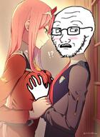 anime arm blush darling_in_the_franxx glasses hand open_mouth scared soyjak stubble subvariant:soyak_(concerned) variant:soyak zero_two // 471x648 // 356.3KB