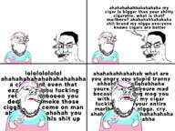 angry arm badge cigar cigarette closed_mouth clothes comic flag:transgender_pride_flag glasses hair hand happy lipstick mustache neutral purple_hair smile smoke smug soyjak stubble template text tranny variant:chudjak variant:gapejak // 1024x768 // 220.4KB