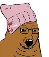 beanie brown_skin brown_troonjak clothes communism double_chin fat flag glasses hammer_and_sickle hat nazism open_mouth soyjak stubble swastika tranny variant:soyak // 832x964 // 524.8KB