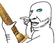 arm blue_eyes closed_mouth hand holding_object mustache pointing soyjak stubble variant:holdjak // 592x461 // 93.0KB