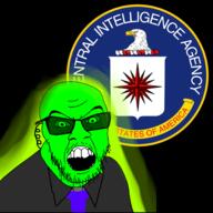 animal bird blue blue_tie central_intelligence_agency clothes eagle earpiece glasses green green_skin mustache necktie soyjak stubble suit suit_and_tie teeth text trend:glowie united_states variant:feraljak // 1488x1488 // 697.5KB