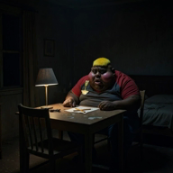 bedroom black_skin character:hunky charlie_charlie dark ext=mp4 horror lamp meta:ai_generated paper pencil scared subvariant:fat_alicia subvariant:hunky_twink_sex_machine variant:alicia yellow_hair // 560x560, 6s // 1.1MB