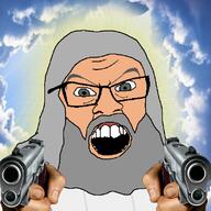 beard christianity clothes glasses glowing god grey_eyes grey_hair gun hair hand heaven mustache open_mouth pointing pointing_at_viewer religion robe sky soyjak variant:feraljak white_skin // 800x800 // 522.1KB