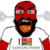arm beard clothes food glasses i_love open_mouth ramen red_skin samyang_foods steam subvariant:science_lover teeth variant:markiplier_soyjak // 500x501 // 169.5KB
