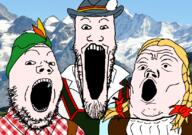 clothes country germany hair hat irl_background mountain open_mouth soyjak stretched_mouth stubble suspenders trend:soyjak_trio variant:gapejak variant:markiplier_soyjak variant:tony_soprano_soyjak white_skin yellow_hair // 828x581 // 318.0KB