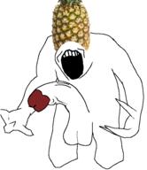 arm food foodjak fruit full_body hand leg no_eyes no_nose nsfw open_mouth penis pineapple quake shambler soyjak variant:markiplier_soyjak video_game // 512x591 // 85.2KB
