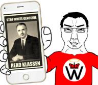 arm ben_klassen closed_mouth clothes glasses hair hand holding_object holding_phone iphone phone smile smug subvariant:chudjak_front text variant:chudjak // 845x733 // 444.8KB