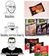 3soyjaks anime brown_hair buff closed_mouth clothes glasses hand hands_up noodles open_mouth place_japan ramen samyang_foods soyjak stubble subvariant:chudjak_front text thing_japanese variant:chudjak variant:excited_soyjak variant:soyak // 939x1060 // 893.1KB