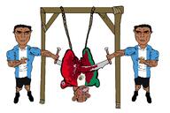 amerimutt bisected bloodshot_eyes brown_skin buff chud closed_mouth ear execution flag full_body glasses gore guatemala hair holding_object mcdonalds mexico meximutt nazism open_mouth pol_(4chan) rope saw soyjak stubble subvariant:chudjak_front subvariant:unbotheredchud swastika tongue torture variant:bernd variant:chudjak vein yellow_teeth // 2576x1720 // 320.0KB