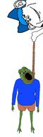 2soyjaks ack animal_abuse anime arm bloodshot_eyes cirno clothes crying dead ear frog full_body green_skin hair hanging holding_rope leg lynching pepe rope smile soyjak stubble touhou variant:bernd variant:impish_soyak_ears video_game // 1410x4416 // 433.7KB