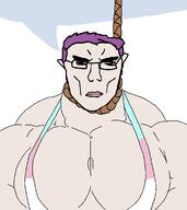 ack bloodshot_eyes buff clothes flag:transgender_pride_flag hanging joke meme mge purple_hair rope speech_bubble subvariant:unbotheredchud tank_top tranny trans transgender_flag troon variant:chudjak white_skin // 1536x1724 // 29.3KB