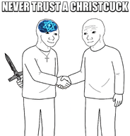 backstabbing bald christian_cross closed_mouth clothes cross forehead_lines handshake knife looking_at_each_other nas:wojak neck necklace neutral smile star_of_david text white_background // 1554x1620 // 579.0KB