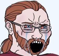 angry beard bloodshot_eyes blue_eyes brown_hair clothes communism crying ear glasses hair looking_to_the_right open_mouth ponytail soyjak transparent_background variant:soyak vaush white_skin // 556x528 // 355.0KB