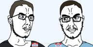 2soyjaks H2K_(namefag) H3K_(namefag) blue_eyes brown_hair green_eyes happy hybrid looking_at_each_other moustache smile smirk smug stubble subvariant:chudsoi variant:chudjak variant:soyak white_skin // 1550x780 // 56.1KB